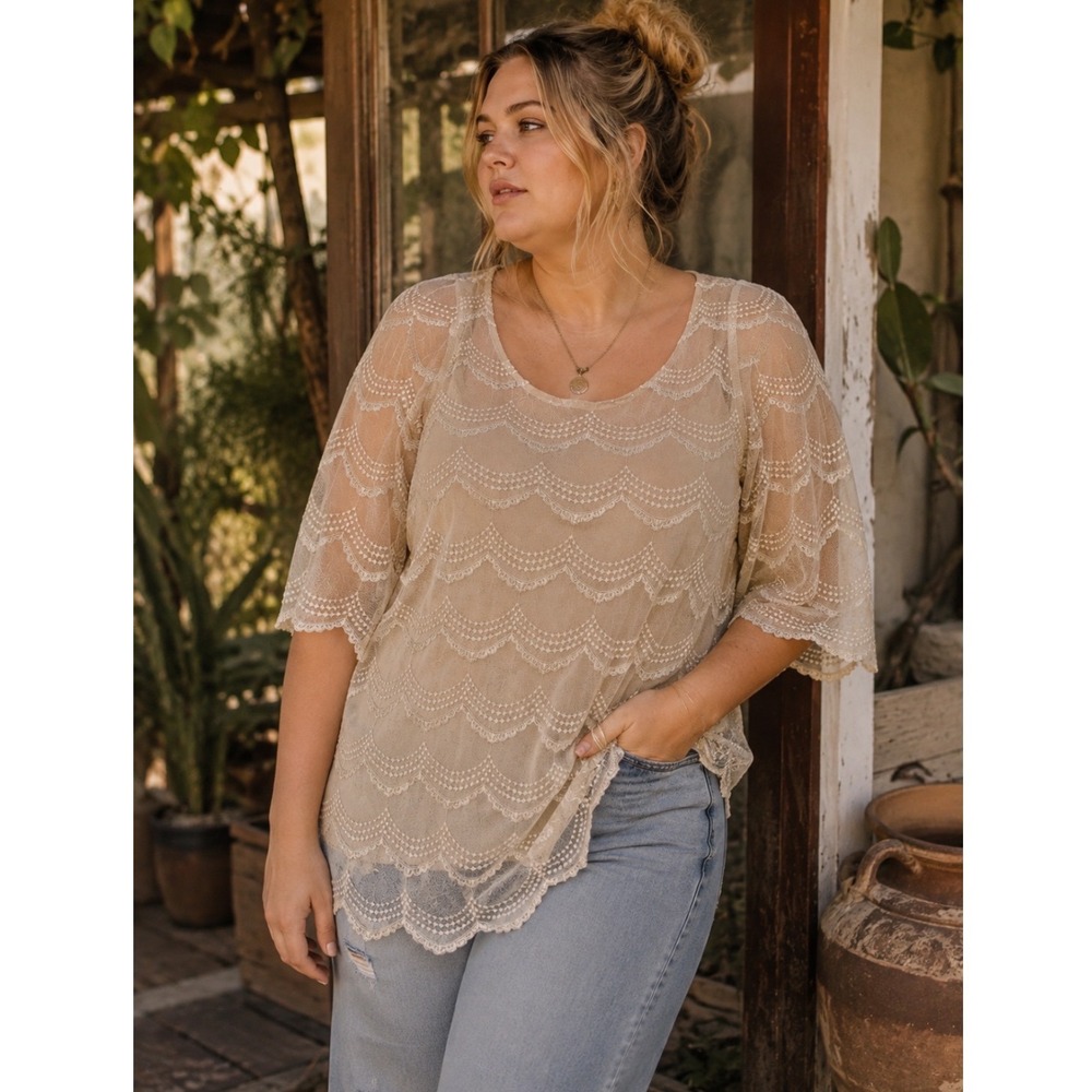 Beige Scalloped Mesh Embroidered Lace Flutter Sleeve Top Cottagecore Boho XL
